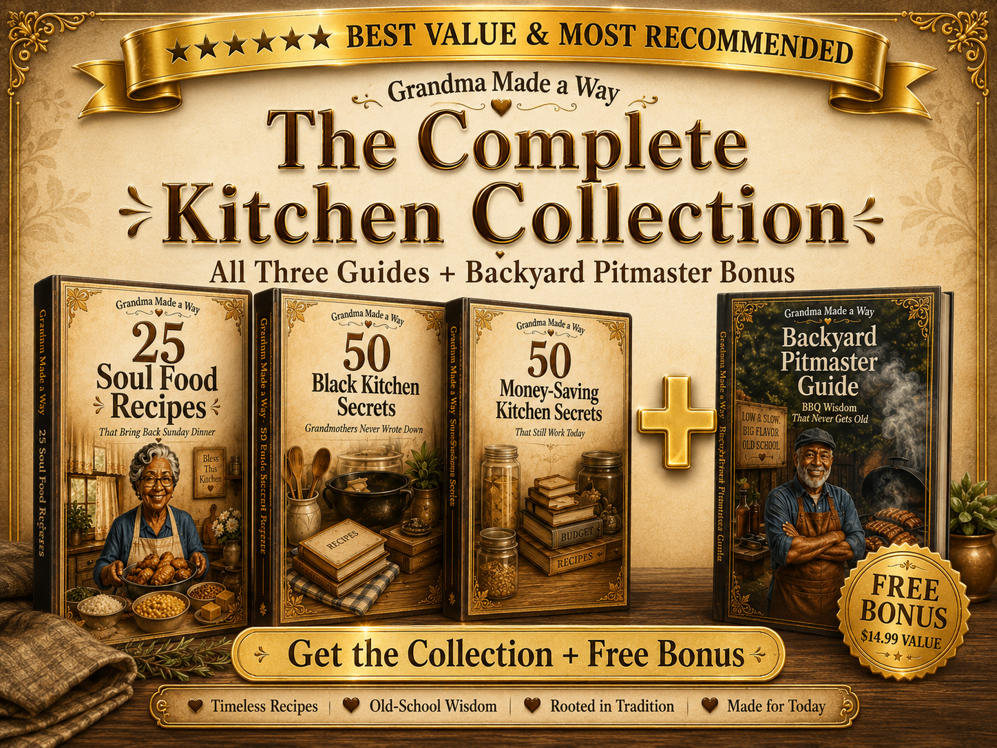 Grandma Made a Way Complete Kitchen Collection promo graphic showing the three main guides plus the free Backyard Pitmaster Guide bonus.