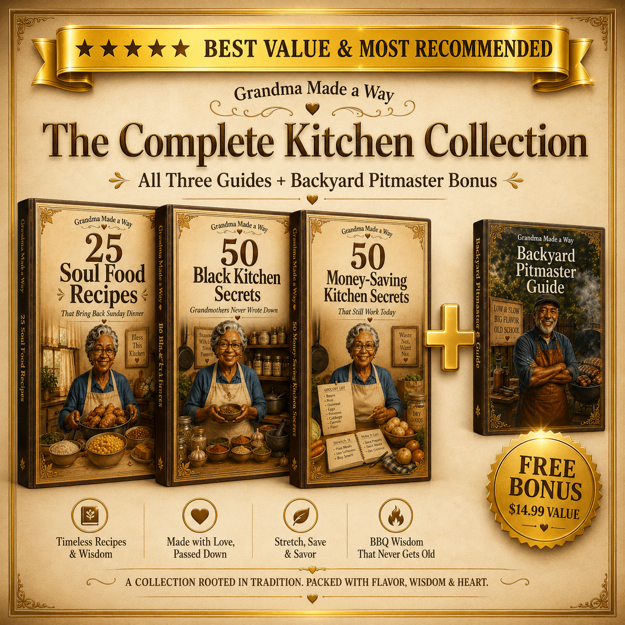 The Complete Kitchen Collection bundle image showing all three Grandma Made a Way guides plus the Backyard Pitmaster Guide free bonus.