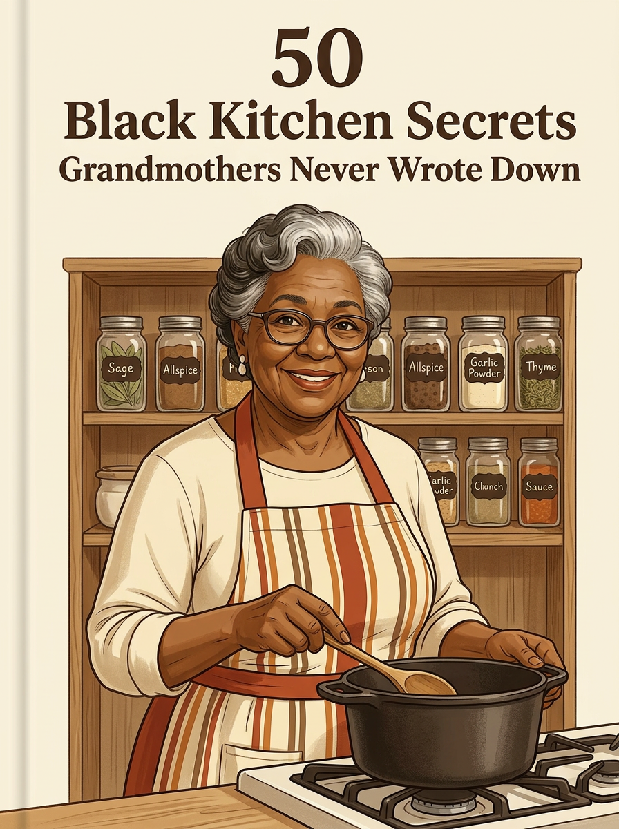 Illustrated grandma mascot holding a wooden spoon next to a cast iron skillet.