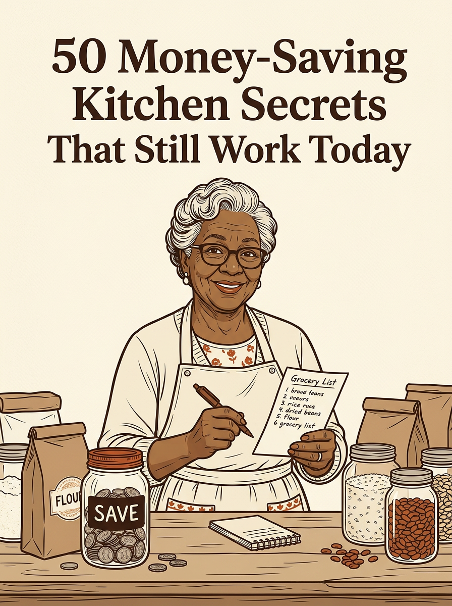 Illustrated grandma mascot with a grocery list, envelope, coin jar, and notebook.