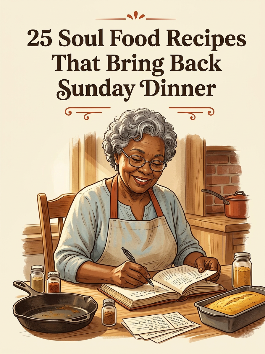 Illustration of a grandmother writing in a recipe book at a sunlit kitchen table.